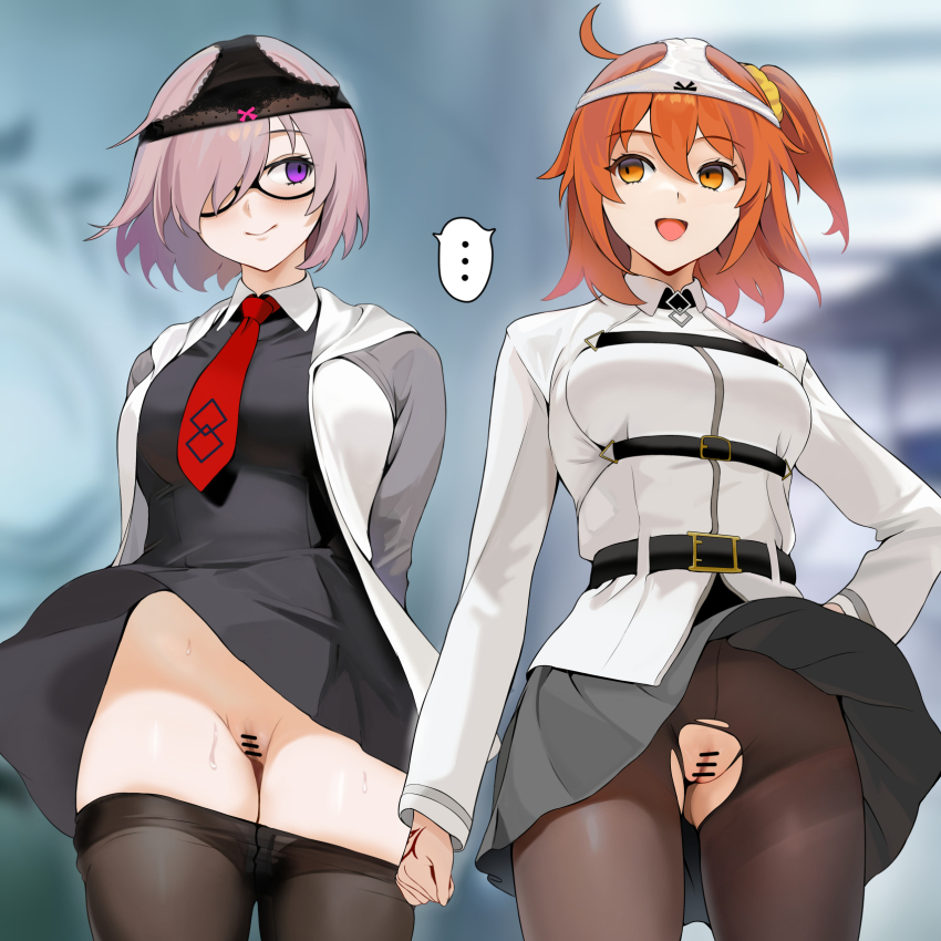 ... 2girls ahoge bar_censor black_pantyhose blurry blurry_background blush bow bow_panties breasts censored chaldea_uniform clothes_pull fate/grand_order fate_(series) fujimaru_ritsuka_(female) glasses hair_ornament hair_over_one_eye highres jacket looking_at_another mash_kyrielight multiple_girls necktie object_on_head one_side_up orange_eyes orange_hair panties panties_on_head pantyhose pantyhose_pull public_indecency public_nudity purple_eyes purple_hair pussy red_necktie rlity scrunchie short_hair smile speech_bubble spoken_ellipsis time_stop torn_clothes torn_pantyhose underwear white_jacket yellow_scrunchie