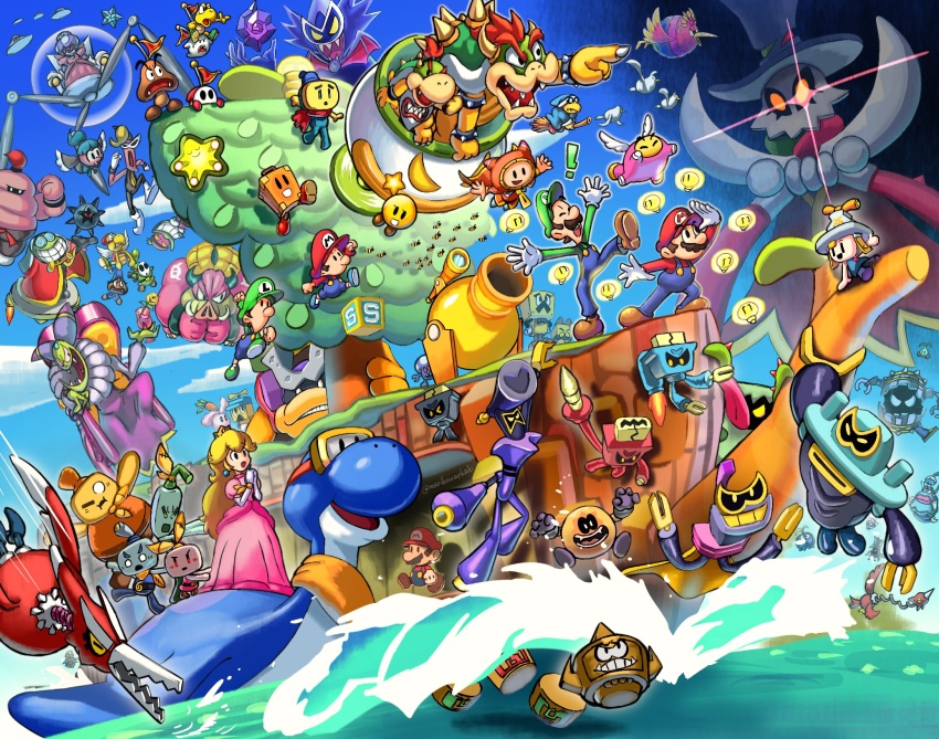 antasma artist_name baby_luigi baby_mario beanstar bee beef_(mario) bird blitty_(mario) blue_sky boo_(mario) bowser bowser_jr. brickle brock_(mario) broque_monsieur buddy_(mario) bug bumbleshoot newsboy_cap cackletta captain_boo captain_goomba captain_koopa_troopa captain_shy_guy cloud cobalt_star connie_(mario) corporal_paraplonk dark_stone_(mario) dieter_(mario) dorrie dreambunny dulles_(mario) ecks_(mario) ellow_(mario) fawful flag geno_(mario) gloves gobblick goomba gorumbla green_hat green_shirt guardarm hat helmet_zok_trooper highres insect ireen_(mario) jet_zok_trooper kaley_(mario) kamek koopa_clown_car koopa_paratroopa koopa_troopa krode loog_(mario) looking_to_the_side luigi maribou_(supermaribou) mario mario_&amp;_luigi:_bowser&#039;s_inside_story mario_&amp;_luigi:_brothership mario_&amp;_luigi:_dream_team mario_&amp;_luigi:_paper_jam mario_&amp;_luigi:_partners_in_time mario_&amp;_luigi:_superstar_saga mario_&amp;_luigi_rpg mario_(series) mega_snaptor midbus millton nintendo paper_mario paper_mario_(character) popple_(mario) prince_dreambert princess_peach princess_shroob private_goomp red_flag red_hat red_shirt save_block seagull seedle_r_(mario) sergeant_guy shadow sharpcask shirt shower_fish shroob shroob_saucer shun_(mario) shy_guy sky snaptor snoutlet_(mario) spike_zok_trooper spikely sprite_bulb starlow stuffwell ten_(mario) white_gloves wings zeekeeper zokket