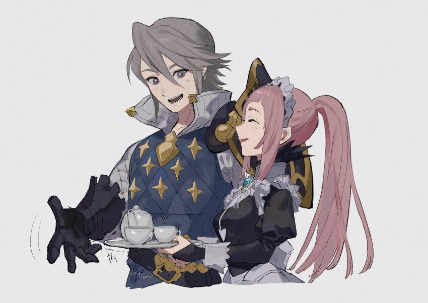 1boy 1girl absurdres armor black_dress black_gloves cup dress felicia_(fire_emblem) fire_emblem fire_emblem_fates gambeson gloves grey_hair hair_between_eyes highres holding holding_tray laslow_(fire_emblem) long_sleeves looking_at_another maid maid_headdress nintendo open_mouth pink_hair ponytail purple_eyes runteya shoulder_armor signature sweat teacup teapot teeth tray upper_body