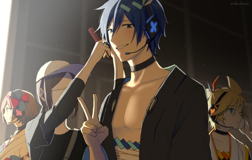 2boys 2girls backstage bag baseball_cap black_shirt blonde_hair blue_eyes blue_hair bow brown_hair choker faceless faceless_female happi hat headphones headset japanese_clothes kagamine_len kaito_(vocaloid) kimono long_hair looking_at_viewer magical_mirai_(vocaloid) magical_mirai_kaito magical_mirai_kaito_(2020_summer) magical_mirai_len magical_mirai_len_(2020_summer) magical_mirai_meiko magical_mirai_meiko_(2020_summer) meiko_(vocaloid) multiple_boys multiple_girls nokuhashi ponytail sarashi shirt short_ponytail shoulder_bag sidelighting spiked_hair upper_body v vocaloid white_kimono