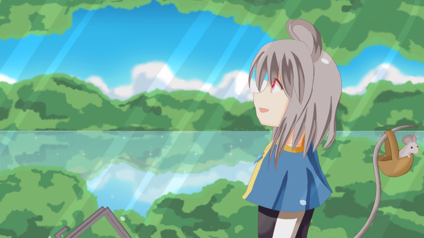 1girl absurdres animal_ears basket blue_sky capelet cloud day female_focus glint grey_hair highres light_rays mouse_(animal) mouse_ears mouse_tail nazrin nazrin_(mouse) open_mouth outdoors profile red_eyes reflection short_hair sky solo sunbeam sunlight tail touhou tree water