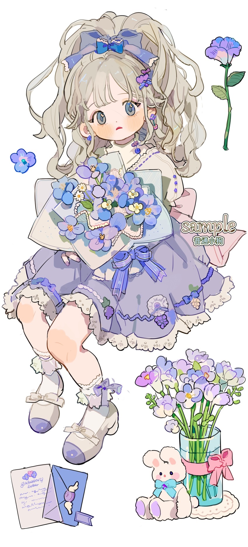 1girl absurdres ankle_garter artist_name blonde_hair blue_bow blue_bowtie blue_eyes blue_flower blue_skirt blush_stickers bouquet bow bowtie buttons child chinese_commentary closed_mouth commentary_request earrings envelope eyelashes floating_earring flower flower_earrings food_print footwear_bow frilled_bow frilled_jacket frills frown fruit_print full_body grape_print hair_bow hair_ornament hairclip heart heart_hair_ornament high_heels high_ponytail highres holding holding_bouquet jacket jewelry lace lace-trimmed_skirt lace_trim letter long_hair looking_at_viewer miniskirt multiple_hair_bows original pink_bow ponytail puffy_sleeves pumps purple_theme putong_xiao_gou red_lips ribbon-trimmed_jacket sample_watermark see-through_clothes shirt simple_background skirt socks solo stuffed_animal stuffed_rabbit stuffed_toy turtleneck vase watermark white_background white_bow white_footwear white_jacket white_shirt white_socks
