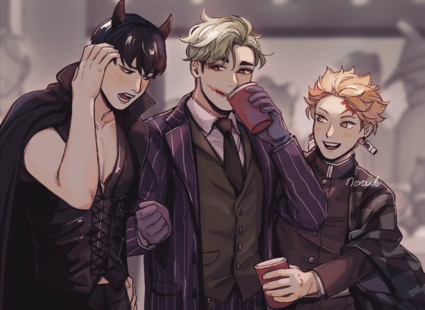 3boys batman_(series) black_hair blonde_hair cosplay dc_comics demon_horns earrings haikyuu!! halloween halloween_costume highres hinata_shouyou horns jewelry kageyama_tobio kamado_tanjirou_(cosplay) kimetsu_no_yaiba miya_atsumu multiple_boys noranb orange_hair short_hair tagme the_joker_(cosplay)