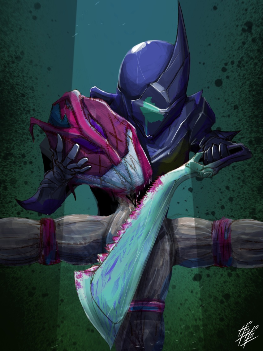 1boy armor bat_(animal) black_armor boots crack cracked_floor dark_foreground decapitation evilblade gloves hand_saw highres horns kamen_rider kamen_rider_evil kamen_rider_revi kamen_rider_revice male_focus moon night night_sky rider_belt saw scarecrow sharp_teeth silver_gloves single_horn sky splatter splatter_print spotlight stylistic sword teeth tokusatsu two_sidriver villain_pose weapon x_x zagizagi