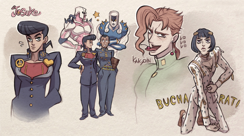 anchor_symbol black_hair brooch bruno_bucciarati cherry cherry_earrings crazy_diamond diamond_wa_kudakenai dollar_sign earrings food food-themed_earrings fruit full_body gakuran higashikata_josuke jewelry jojo_no_kimyou_na_bouken kakyoin_noriaki multiple_boys multiple_views nijimura_okuyasu peace_symbol pompadour red_hair school_uniform simple_background stand_(jojo) stardust_crusaders the_hand_(stand) unoobang vento_aureo yen_sign
