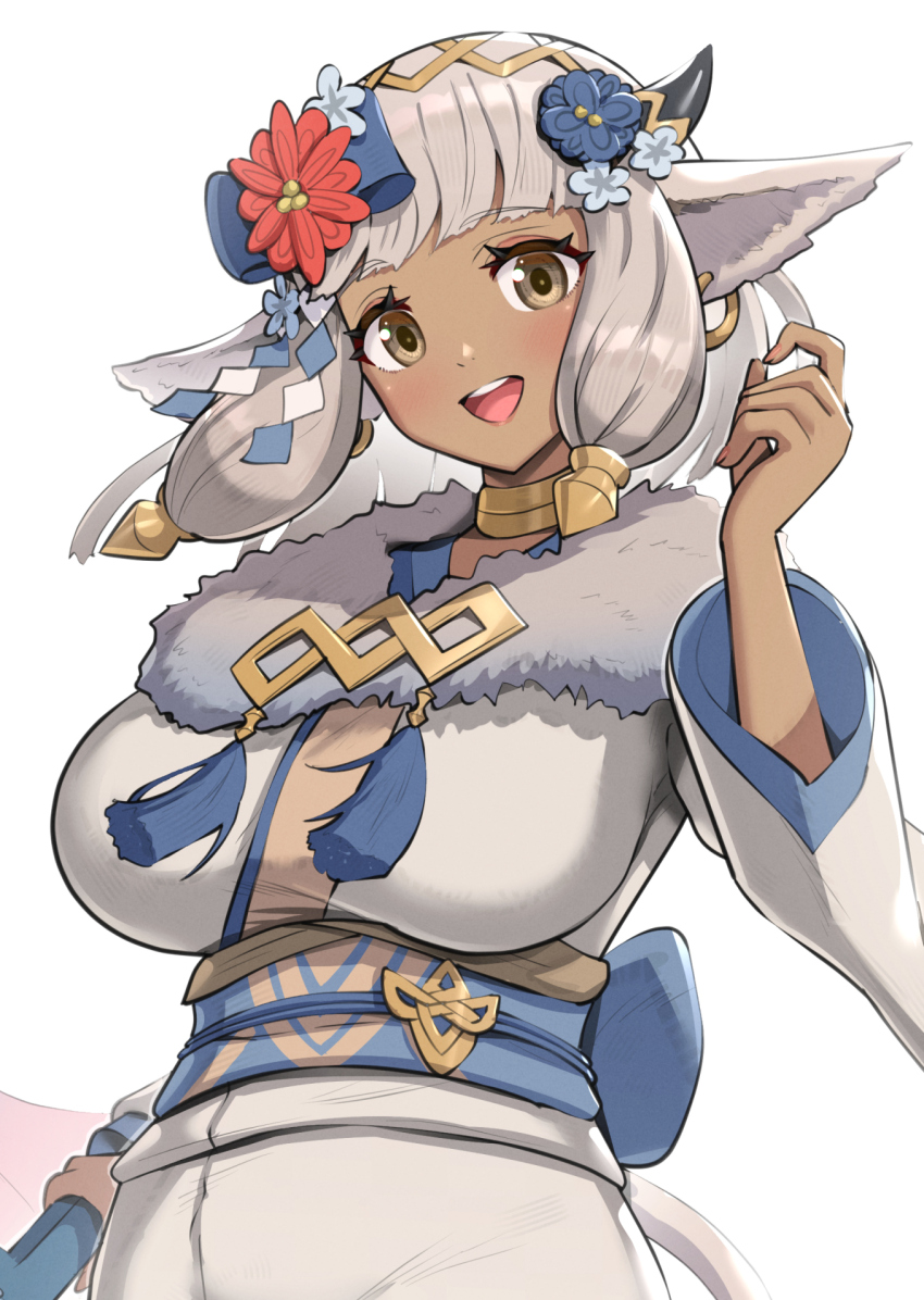 1girl animal_ears ash_(fire_emblem) ash_(new_year)_(fire_emblem) breasts cow_ears cow_horns dark-skinned_female dark_skin earrings fire_emblem fire_emblem_heroes fur_trim gonzarez hair_tie highres hoop_earrings horns japanese_clothes jewelry kimono large_breasts long_hair nintendo tail white_hair