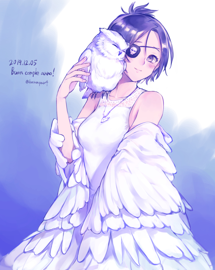 1girl animal bird blush breasts chrome_dokuro closed_mouth commentary_request dated dress eyepatch highres jewelry katekyo_hitman_reborn! kpastelblue necklace owl purple_eyes purple_hair rokudou_mukuro short_hair smile