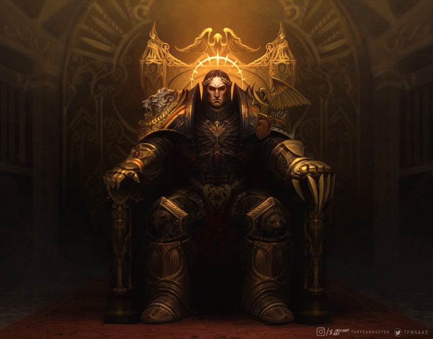1boy aquila_(symbol) armor armored_boots artist_name bird black_background black_hair boots breastplate brown_background claw_(weapon) closed_eyes closed_mouth commentary dark_background deviantart_logo deviantart_username eagle eagle_head_(ornament) emperor_of_mankind english_commentary faulds full_armor gauntlets gem gold_armor gradient_background greaves halo highres imperial_aquila instagram_logo instagram_username laurel_crown laurels lightning_claw lion_head_(ornament) long_hair male_focus ornate ornate_armor parted_hair pauldrons power_armor realistic red_carpet red_gemstone shield_print shoulder_armor simple_background sitting sitting_on_throne solo thefearmaster throne_room twitter_logo twitter_username vambraces warhammer_40k watermark weapon web_address yellow_halo