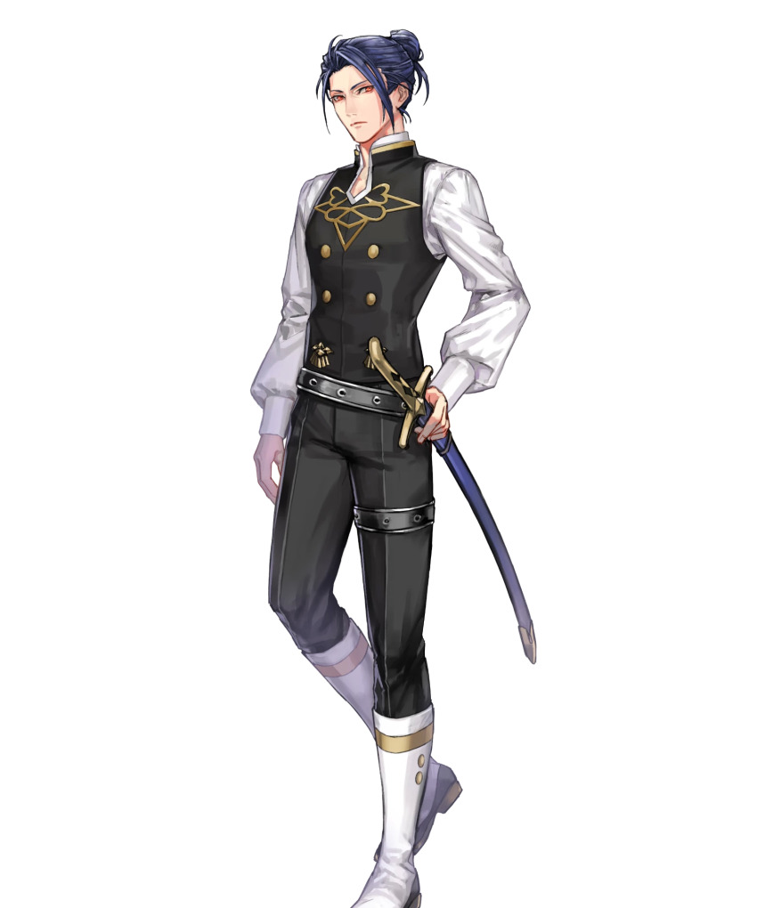 1boy belt black_belt black_vest blue_hair boots felix_hugo_fraldarius fire_emblem fire_emblem:_three_houses fire_emblem_heroes full_body garreg_mach_monastery_uniform hair_bun highres kuroba.k looking_at_viewer male_focus nintendo official_art orange_eyes scabbard sheath sheathed shirt short_hair solo standing sword transparent_background vest weapon white_boots white_shirt