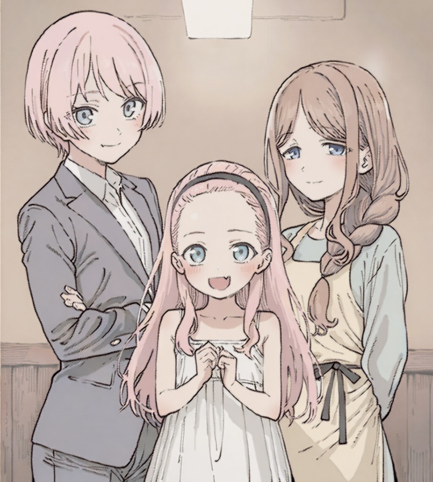 3girls alternate_hair_length alternate_hairstyle apron bang_dream! bang_dream!_it&#039;s_mygo!!!!! blue_eyes braid brown_hair chihaya_anon crossed_arms dress fang formal_clothes hairband highres if_they_mated indoors light_blush long_hair looking_at_viewer mother_and_daughter multiple_girls nagasaki_soyo pink_hair science_babies short_hair side_braid skin_fang smile suit upper_body wife_and_wife yuri