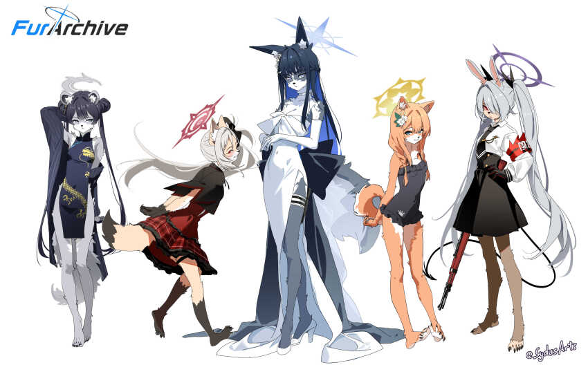 5girls absurdres animal_ear_fluff animal_ears arm_behind_head arm_up armband artist_name black_gloves black_hair black_nails black_necktie black_one-piece_swimsuit black_skirt black_tail blue_archive blue_hair blue_halo bolt_action breasts brown_fur buck_teeth butterfly_hair_ornament cat_ears cat_girl china_dress chinese_clothes clip_studio_paint_(medium) colored_inner_hair commentary copyright_logo covered_navel demon_tail double_bun dragon_print dress english_commentary expressionless full_body furrification furry furry_female gloves grey_eyes grey_fur grey_hair grey_halo gun hair_bun hair_ornament hair_over_one_eye hair_ribbon halo hand_on_own_hip highres holding holding_weapon iori_(blue_archive) kisaki_(blue_archive) long_hair long_sleeves looking_to_the_side mari_(blue_archive) mari_(swimsuit)_(blue_archive) mauser_98 multicolored_hair multiple_girls mutsuki_(blue_archive) necktie official_alternate_costume one-piece_swimsuit outline parted_lips purple_halo rabbit_ears rabbit_girl raccoon_ears raccoon_girl raccoon_tail red_armband red_eyes red_halo ribbon rifle saori_(blue_archive) saori_(dress)_(blue_archive) sharp_toenails shirt simple_background skirt sleeveless sleeveless_dress small_breasts swimsuit sydus tail teeth toenails twintails twitter_username two-tone_hair weapon white_background white_dress white_fur