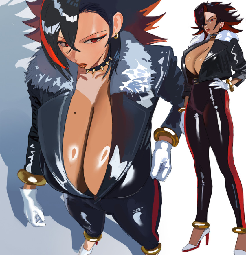1girl anklet bracelet breasts collar commentary dark-skinned_female dark_skin ear_piercing fur_trim genderswap genderswap_(mtf) gloves high_heels highres hintobento jewelry mole mole_on_breast multicolored_hair multiple_views piercing red_eyes ring_(sonic) shadow_the_hedgehog shadow_the_hedgehog_(game) sonic_(series) spiked_collar spikes two-tone_hair white_gloves