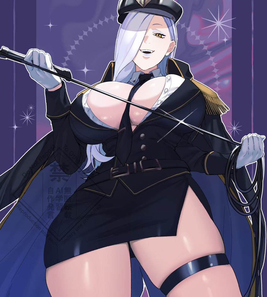 1girl absurdres belt black_coat black_hat black_jacket black_skirt blue_lips breasts cleavage coat coat_on_shoulders collared_shirt epaulettes eyeliner fate/grand_order fate_(series) gloves hair_over_one_eye hat highres hiyayaako jacket large_breasts long_hair long_sleeves looking_at_viewer makeup miniskirt mrs._snake_(fate) necktie open_clothes open_mouth peaked_cap pencil_skirt shirt skirt smile solo thigh_strap thighs whip white_gloves white_hair white_shirt