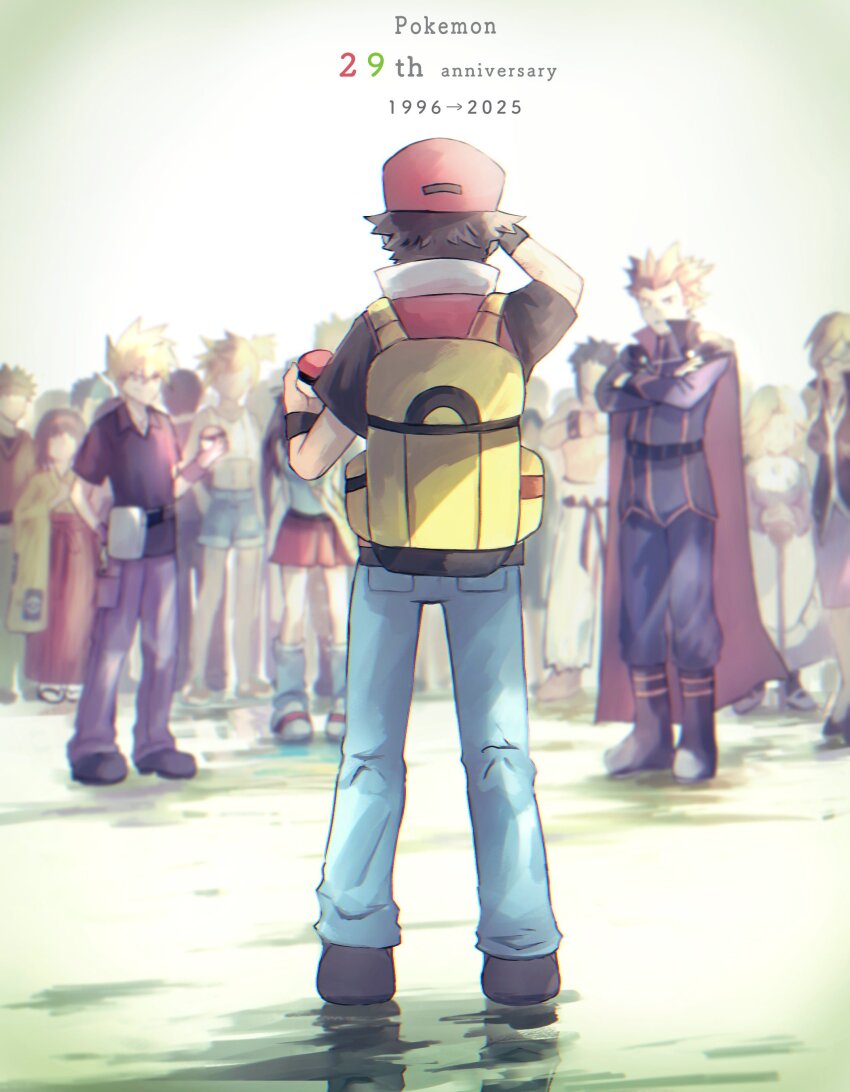 6+boys 6+girls absurdres agatha_(pokemon) anniversary backpack bag belt blue_oak blue_pants boots brock_(pokemon) bruno_(pokemon) cape collared_shirt commentary_request crossed_arms erika_(pokemon) fanny_pack hat highres holding holding_poke_ball jacket lance_(pokemon) leaf_(pokemon) lorelei_(pokemon) misty_(pokemon) multiple_boys multiple_girls nintendo pants poke_ball poke_ball_(basic) pokemon pokemon_frlg pokemon_hgss pokemon_lgpe purple_pants red_(pokemon) red_hat red_vest shirt shiruko_(s1ruko) shoes short_hair short_sleeves standing vest wristband yellow_bag