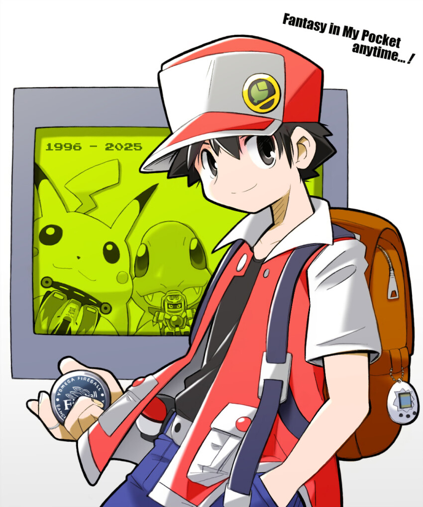 1boy anniversary b-daman backpack bag baseball_cap belt black_eyes black_hair black_shirt blue_pants brown_bag charmander collared_jacket commentary english_text fighting_phoenix game_boy gen_1_pokemon hair_between_eyes hand_in_pocket handheld_game_console hat highres holding holding_toy jacket looking_at_viewer male_focus mini_4wd nintendo pants pikachu poke_ball poke_ball_(basic) pokemon pokemon_rgby rascal_(feuille) red_(pokemon) red_hat red_jacket shirt smile standing tamagotchi tamagotchi_(classic) tamagotchi_(virtual_pet) toy toy_car virtual_pet_(toy) white_background yo-yo