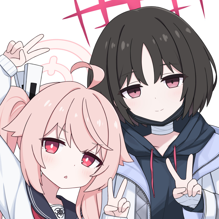 2girls absurdres ahoge arm_up bandaged_neck bandages black_hair black_hoodie black_sailor_collar blue_archive blush cardigan closed_mouth double_v hair_flaps hair_ornament halo hand_up highres hood hoodie jacket long_hair looking_at_viewer mask misaki_(blue_archive) mouth_mask multiple_girls natsu_(blue_archive) neckerchief open_clothes open_jacket parted_lips pink_hair pink_halo red_eyes red_neckerchief sailor_collar short_hair side_ponytail simple_background smile triangle_mouth v white_background white_cardigan white_jacket zddma20