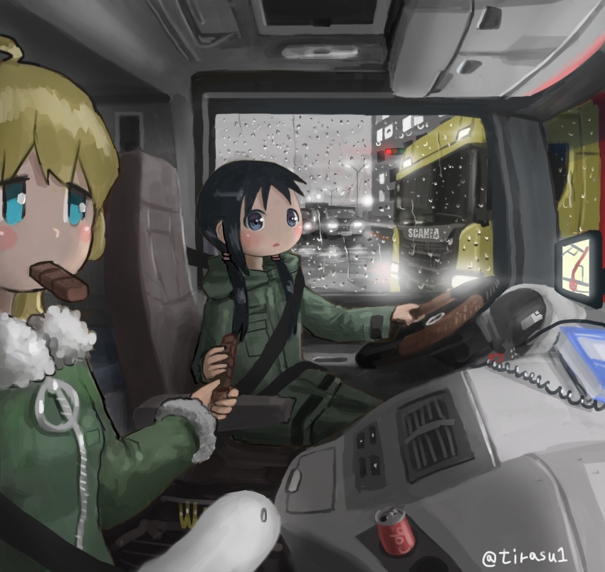 2girls black_hair blonde_hair blue_eyes can chito_(shoujo_shuumatsu_ryokou) dnjd15411541 drink_can driving eating food_in_mouth fur-trimmed_jacket fur_trim green_jacket highres jacket left-hand_drive long_hair long_sleeves low_twintails motor_vehicle multiple_girls nuko_(shoujo_shuumatsu_ryokou) rain shoujo_shuumatsu_ryokou soda_can truck truck_interior twintails vehicle_interior yuuri_(shoujo_shuumatsu_ryokou)