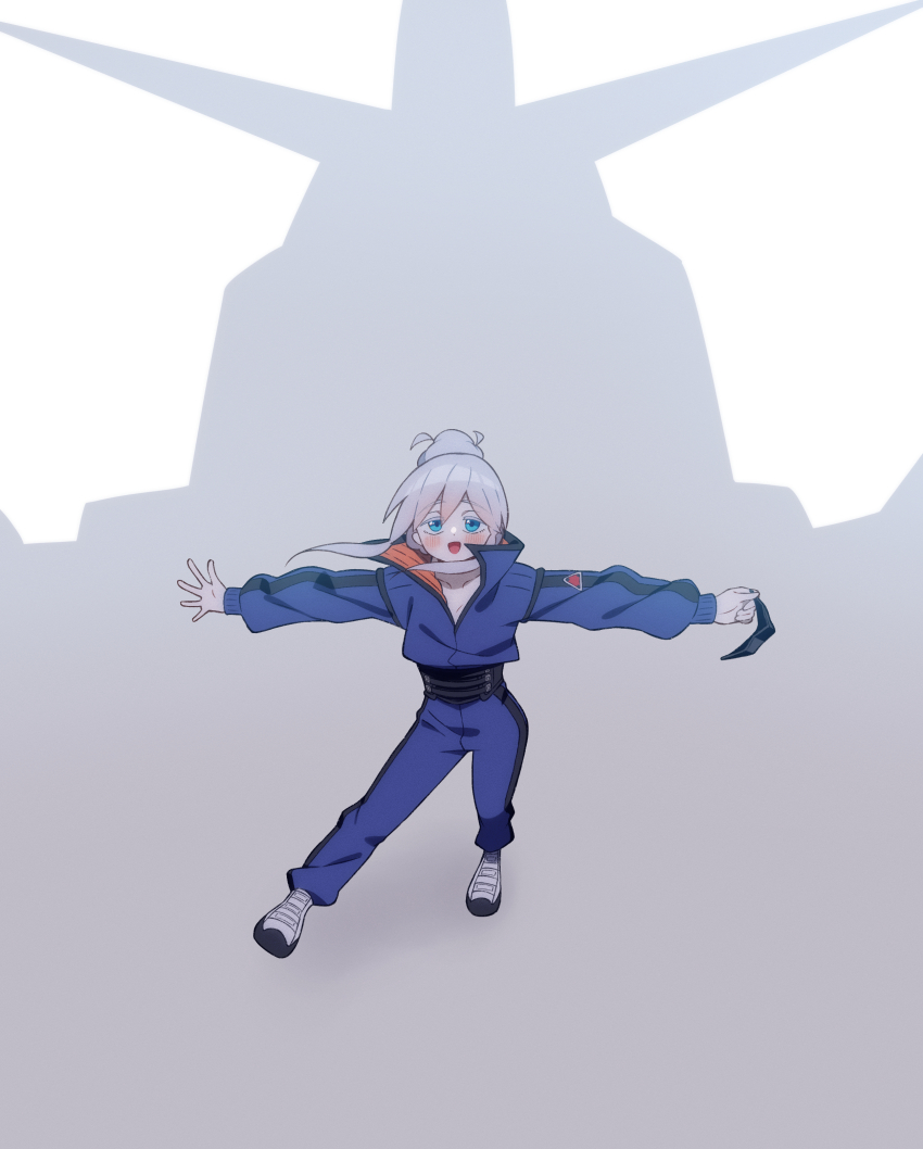 1girl 85neko absurdres blue_eyes blush commentary_request deux_murasame full_body gundam gundam_gquuuuuux highres long_hair mask mecha mecha_pilot_suit mouth_mask open_mouth psycho_gundam robot shadow smile solo standing updo v-fin