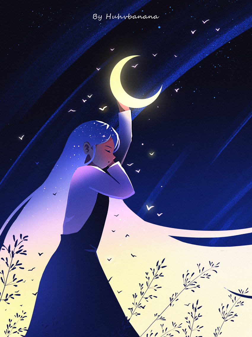1girl arm_up bird black_dress blue_hair closed_eyes crescent_moon dress earrings english_text glowing highres huhv. jewelry long_hair long_sleeves moon night night_sky original plant profile shirt sky solo star_(sky) starry_sky very_long_hair white_shirt