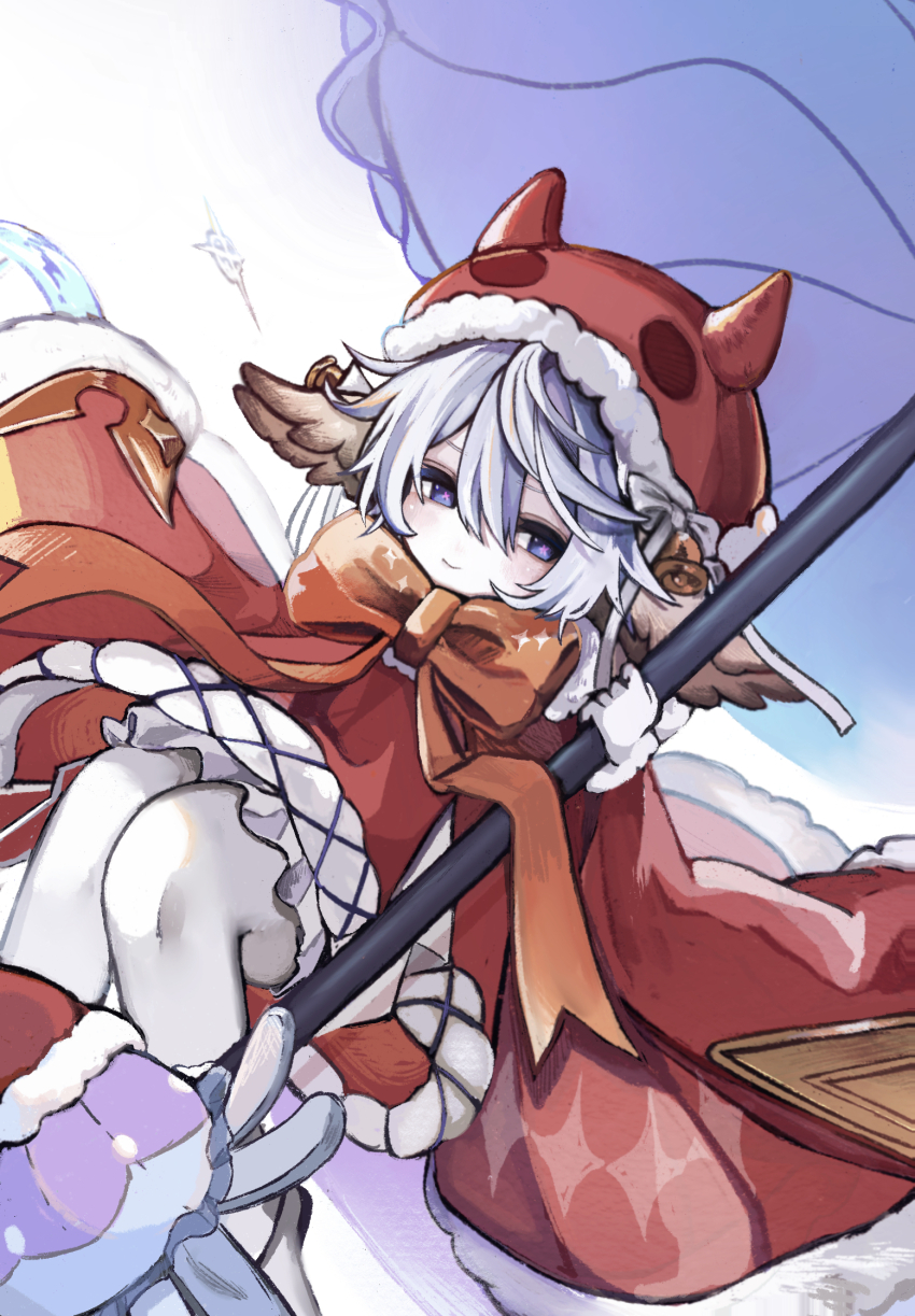 1girl animal_ears capelet christmas coat commentary_request floating_clothes full_body fur-trimmed_coat fur-trimmed_headwear fur_trim gloves granblue_fantasy hair_between_eyes harvin hat highres holding holding_umbrella hood looking_at_viewer messy_hair neck_ribbon numlq official_alternate_costume pantyhose purple_eyes red_capelet ribbon santa_hat smile solo symbol-shaped_pupils umbrella wamdus_(granblue_fantasy) white_gloves white_hair white_pantyhose
