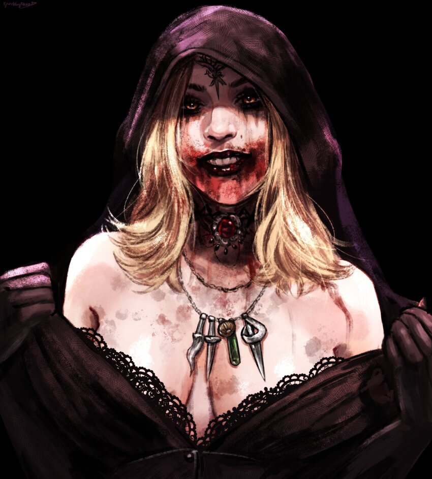 1girl absurdres bare_shoulders bela_dimitrescu black_background black_dress black_gloves black_hood blonde_hair blood blood_in_hair blood_on_chest blood_on_face blood_on_mouth breasts commentary commission dress english_commentary eyeshadow facial_mark forehead_mark gloves highres hood hood_up jewelry looking_at_viewer makeup medium_breasts necklace orange_eyes parted_lips resident_evil resident_evil_village runny_makeup smile solo sparklyboo teeth undressing upper_body