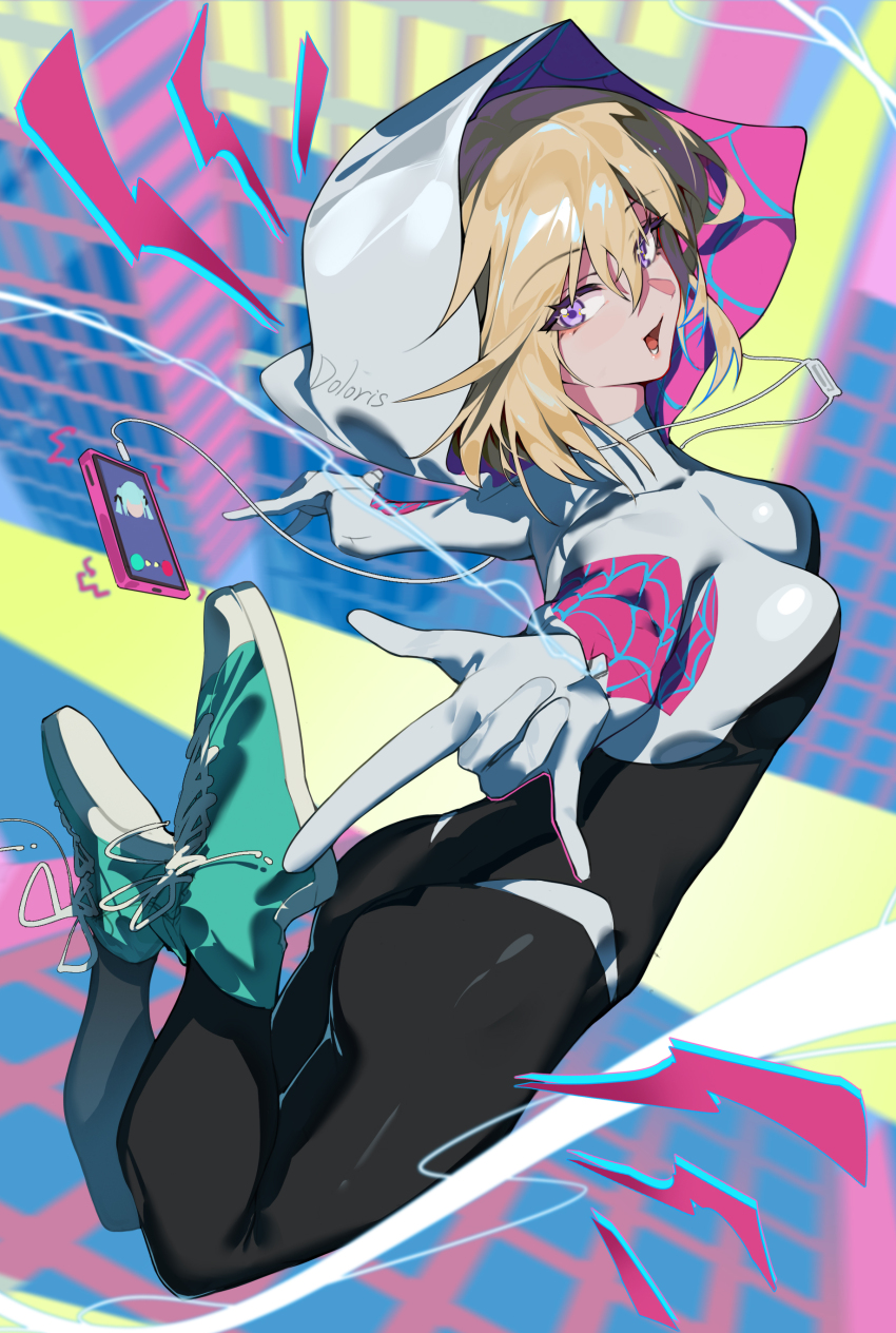 1girl :d \m/ absurdres alternate_costume ass bang_dream! bang_dream!_it&#039;s_mygo!!!!! black_bodysuit blonde_hair blurry blurry_background bodysuit breasts building cellphone character_name chinese_commentary cleavage colorful commentary_request cosplay earbuds earphones from_side full_body green_shoes highres hood hood_up hooded_bodysuit jumping katachi_noboru_nishikino legs_folded looking_to_the_side lower_teeth_only making-of_available marvel medium_breasts midair misumi_uika motion_blur open_mouth parody partial_commentary phone purple_eyes shoes shout_lines silk skyscraper smartphone smile sneakers solo spider-gwen spider-gwen_(cosplay) spider-man_(series) spider-verse spider_web_print superhero_costume teeth three_quarter_view togawa_sakiko two-sided_fabric two-sided_hood two-tone_bodysuit white_bodysuit white_hood