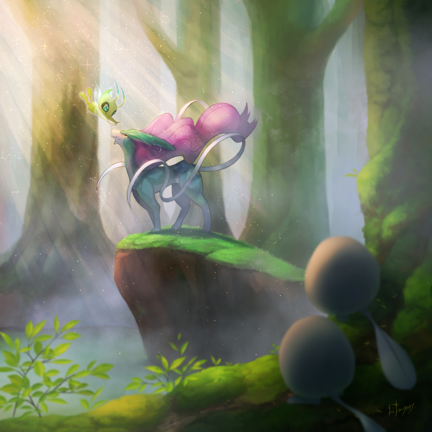 celebi closed_mouth commentary_request day eye_contact forest gen_1_pokemon gen_2_pokemon grass highres kikuyoshi_(tracco) legendary_pokemon light_beam looking_at_another mythical_pokemon nature nintendo no_humans outdoors pokemon pokemon_(creature) poliwag signature sparkle suicune tree