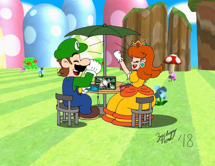 arms_up brown_hair crown dress facial_hair hat joy-con luigi mario_(series) mushroom_kingdom mustache nintendo nintendo_switch overalls playing princess_daisy shirt shoes sitting smile super_smash_bros. table teamwork twitter_username video_game