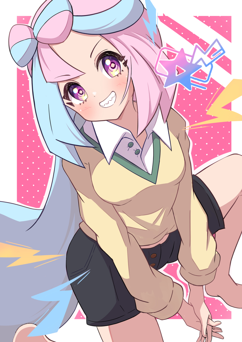 1girl absurdres alternate_costume barefoot black_shorts blue_hair blush bow-shaped_hair breasts buttons collared_shirt commentary_request grin happy highres interlocked_fingers iono_(pokemon) looking_at_viewer multicolored_hair nintendo own_hands_together pink_hair pokemon pokemon_sv purple_eyes rono_(lethys) sharp_teeth shirt shorts smile solo spread_legs sweater teeth two-tone_hair white_shirt yellow_sweater