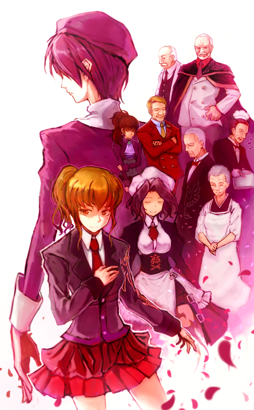 07th_expansion 4girls 6+boys beret black_hair blonde_hair dress formal_clothes gouda_toshirou grey_hair hat highres kanon_(umineko) kumasawa_chiyo lain maid multiple_boys multiple_girls nanjou_terumasa necktie no_naku_koro_ni_(series) petals ponytail ronoue_genji shannon_(umineko) skirt suit umineko_no_naku_koro_ni ushiromiya_jessica ushiromiya_kinzou ushiromiya_krauss ushiromiya_natsuhi
