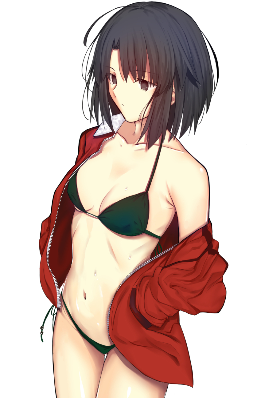 1girl black_hair breasts highres iro_(sekaixiro) jacket kara_no_kyoukai long_sleeves mystic_eyes_of_death_perception obidome red_jacket ryougi_shiki short_hair type-moon type-moon_heroines