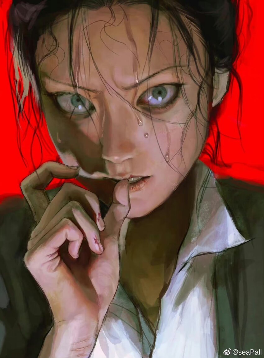 1girl artist_name biting biting_own_thumb black_hair blue_eyes clenched_teeth commentary fingernails highres looking_at_viewer original portrait realistic red_background seapall simple_background solo sweat sweatdrop symbol-only_commentary teeth upper_body v-shaped_eyebrows watermark weibo_watermark