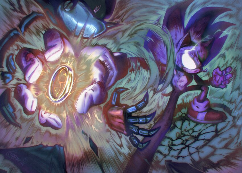 2boys aura commentary commission dark_persona dark_sonic english_commentary fighting_stance gloves glowing glowing_eyes hauringu humanoid_robot jewelry male_focus metal_sonic multiple_boys no_pupils outstretched_arm ring robot sonic_(series) sonic_the_hedgehog sonic_x white_eyes wind