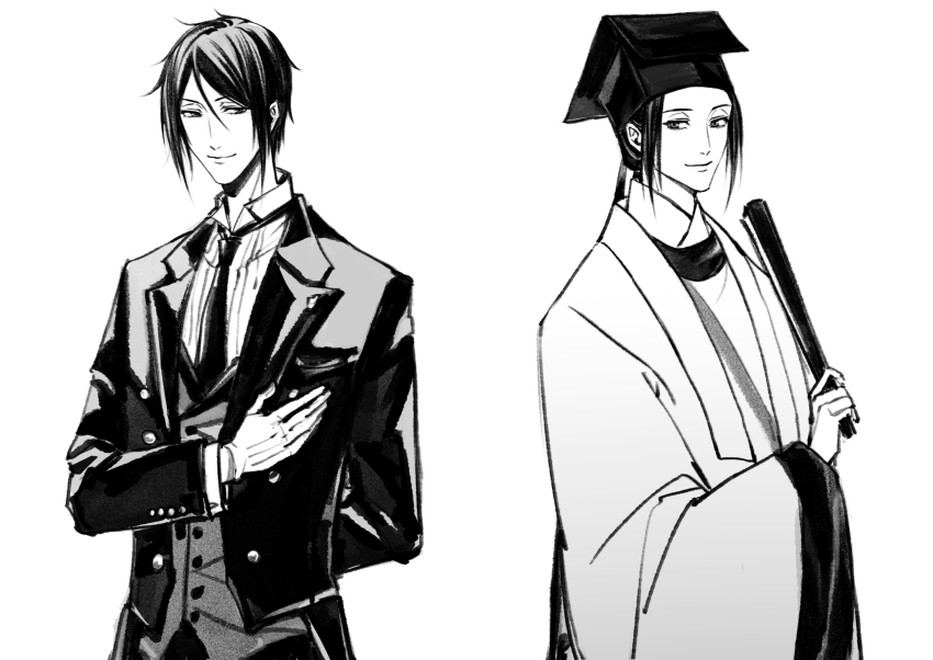 111218422 2boys bishounen chinese_clothes chinese_commentary collared_shirt crossover dao_gui_yi_xian folded_fan folding_fan formal_clothes greyscale hair_between_eyes hand_fan hanfu hat hat_ribbon highres holding holding_fan jacket jin_(headwear) kuroshitsuji long_hair long_sleeves looking_at_viewer male_focus monochrome multiple_boys necktie ribbon robe sebastian_michaelis shirt short_hair simple_background smile suit updo upper_body vest white_background wide_sleeves zhouzi_jin_(headwear) zhuge_yuan