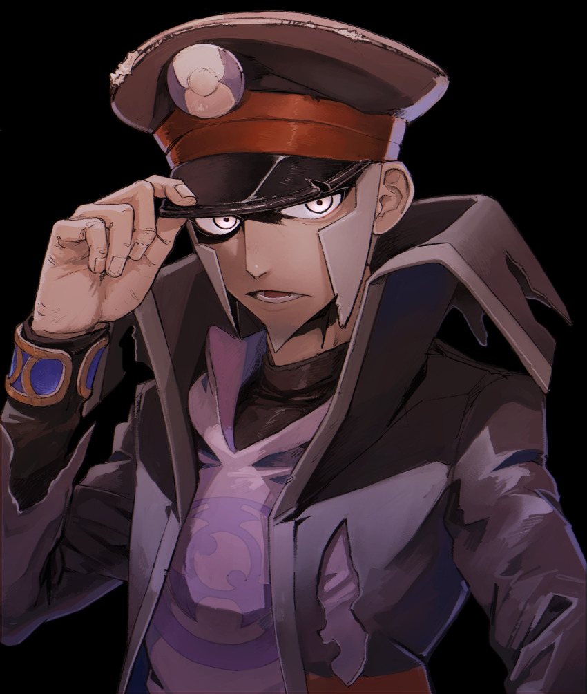 1boy akamtvahosi black_background black_coat black_hat black_shirt coat collared_coat commentary_request facial_hair goatee grey_eyes grey_hair hand_on_headwear hand_up hat highres hood hood_down hoodie ingo_(pokemon) long_sleeves looking_at_viewer lower_teeth_only male_focus nintendo open_clothes open_coat open_mouth peaked_cap pearl_clan_outfit pokemon pokemon_legends:_arceus purple_hoodie shirt short_hair sideburns simple_background solo teeth torn_clothes torn_coat upper_body