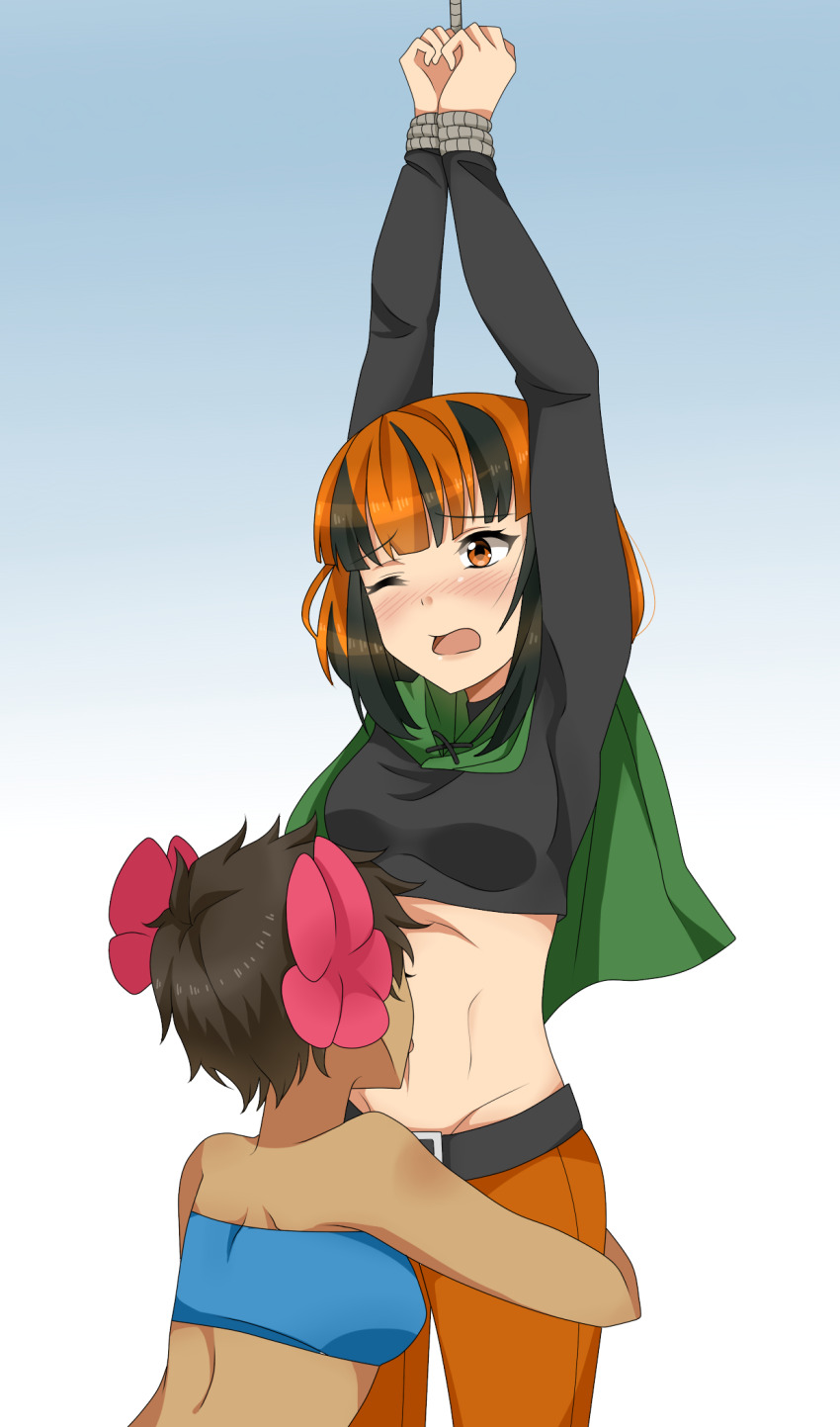 2girls arms_up artist_request bound bound_wrists capelet game_freak gardenia_(pokemon) highres licking licking_midriff licking_navel licking_stomach midriff midriff_fetish midriff_stimulation multicolored_hair multiple_girls navel navel_fetish navel_stimulation nintendo orange_hair phoebe_(pokemon) pokemon pokemon_dppt pokemon_rse restrained tickling tickling_midriff tickling_navel tickling_stomach yuri
