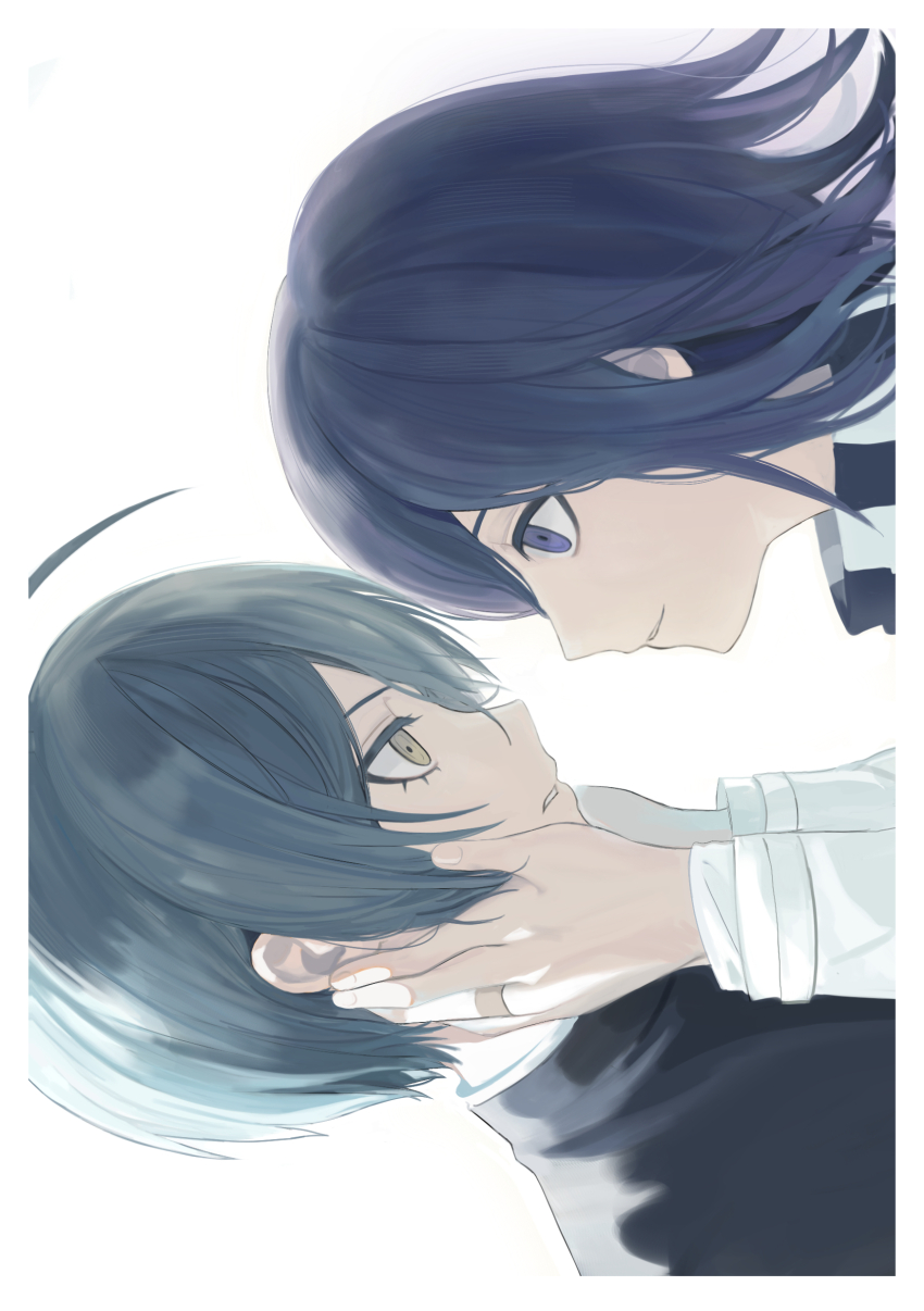 2boys absurdres ahoge black_hair black_jacket brown_eyes checkered_clothes checkered_scarf danganronpa_(series) danganronpa_v3:_killing_harmony eye_contact hair_between_eyes highres jacket long_sleeves looking_at_another medium_hair multiple_boys nuns197 oma_kokichi profile saihara_shuichi scarf simple_background smile teeth white_background white_jacket