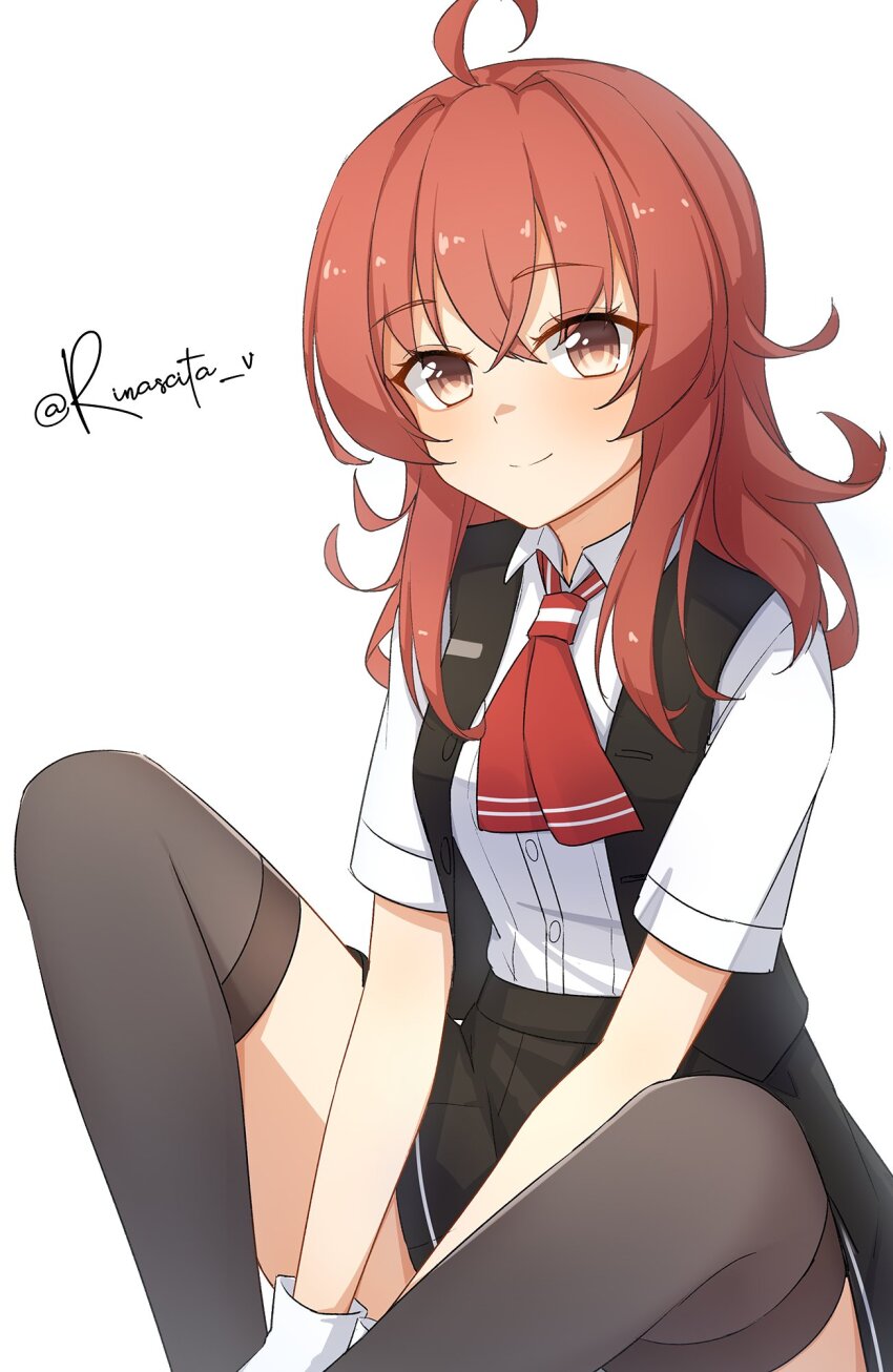 1girl ahoge arashi_(kancolle) ascot asymmetrical_hair aticsanir black_vest blush breasts grey_thighhighs highres indian_style kantai_collection long_hair looking_at_viewer messy_hair neck_ribbon pleated_skirt red_ascot red_hair ribbon school_uniform shirt short_hair short_sleeves simple_background sitting skirt smile solo thighhighs vest white_shirt