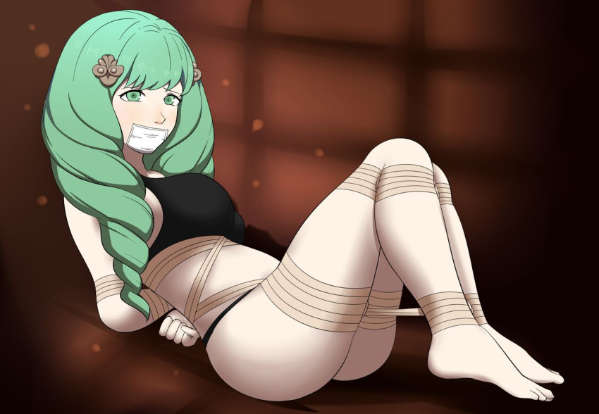 1girl ass bdsm black_bra black_panties blush bondage bound bra breasts brown_background brown_rope covered_mouth dankestofdans eyeliner feet female_focus fire_emblem fire_emblem:_three_houses flayn_(fire_emblem) gag gagged green_eyes green_hair huge_ass improvised_gag intelligent_systems large_breasts long_hair lying makeup nintendo panties rope shiny_clothes shiny_skin solo tape tape_gag thick_thighs thighs underwear underwear_only very_long_hair