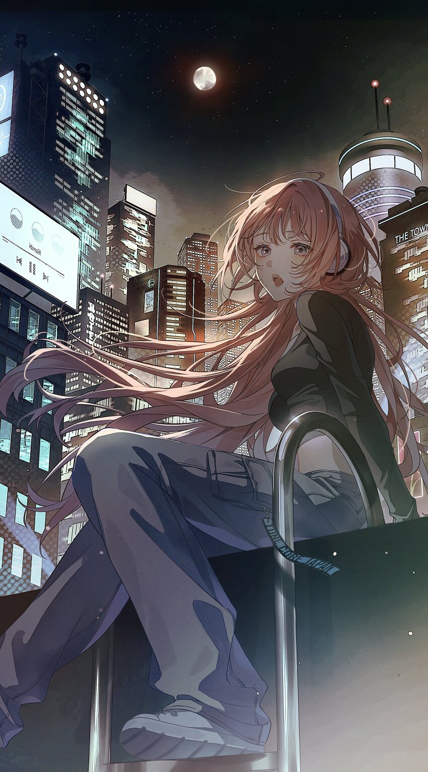 1girl absurdres black_shirt building city city_lights cityscape eyelashes floating_hair full_body full_moon grey_eyes grey_pants headphones highres lips long_hair long_sleeves makeup mameko_(l8_w3) midriff moon music night night_sky open_mouth original outdoors pants pink_hair pink_lips rouge_(makeup) shirt shoes singing sitting sky solo star_(sky) tongue upper_body very_long_hair white_shoes wind wispy_bangs