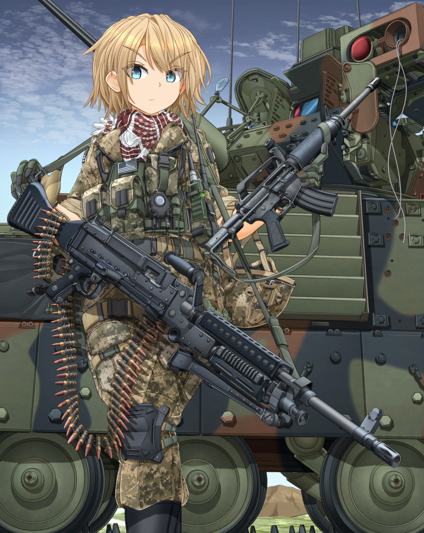 1girl 7.62x51mm_nato absurdres american_flag ammunition ammunition_belt anti-tank_guided_missile anti-tank_missile assault_rifle autocannon bgm-71_tow black_boots blonde_hair blue_eyes blue_sky body_armor boots brown_bandana brown_gloves brown_jacket brown_pants camouflage camouflage_jacket camouflage_pants cannon chain_gun closed_mouth combat_boots commentary commentary_request day english_commentary english_text frown fully_powered_cartridge gloves gun harness highres holding holding_gun holding_weapon infantry_fighting_vehicle jacket knee_pads lmg_cartridge m13_link m240 m242_bushmaster m2_bradley m4_carbine machine_gun mikeran_(mikelan) military military_cartridge military_combat_uniform military_uniform military_vehicle missile missile_launcher mixed-language_commentary motor_vehicle mountainous_horizon original outdoors pants precision-guided_munition rifle rifle_cartridge scope short_hair short_sleeves sky sleeves_rolled_up solo surface-to-surface_missile tank thigh_strap turret united_states united_states_army walkie-talkie weapon wire-guided_missile