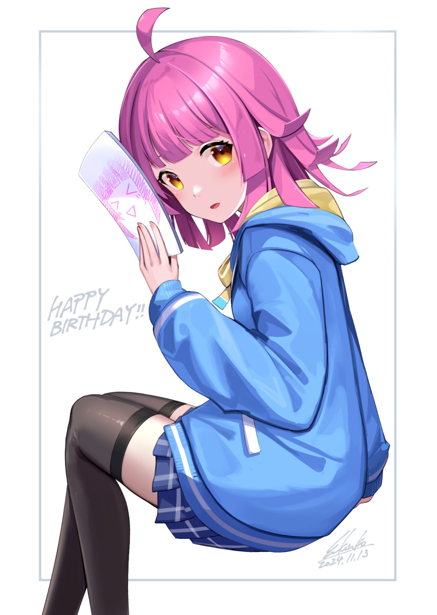 1girl happy_birthday highres kenko_(a143016) kuudere long_sleeves looking_at_viewer love_live! love_live!_nijigasaki_high_school_idol_club pink_hair solo tennoji_rina yellow_eyes