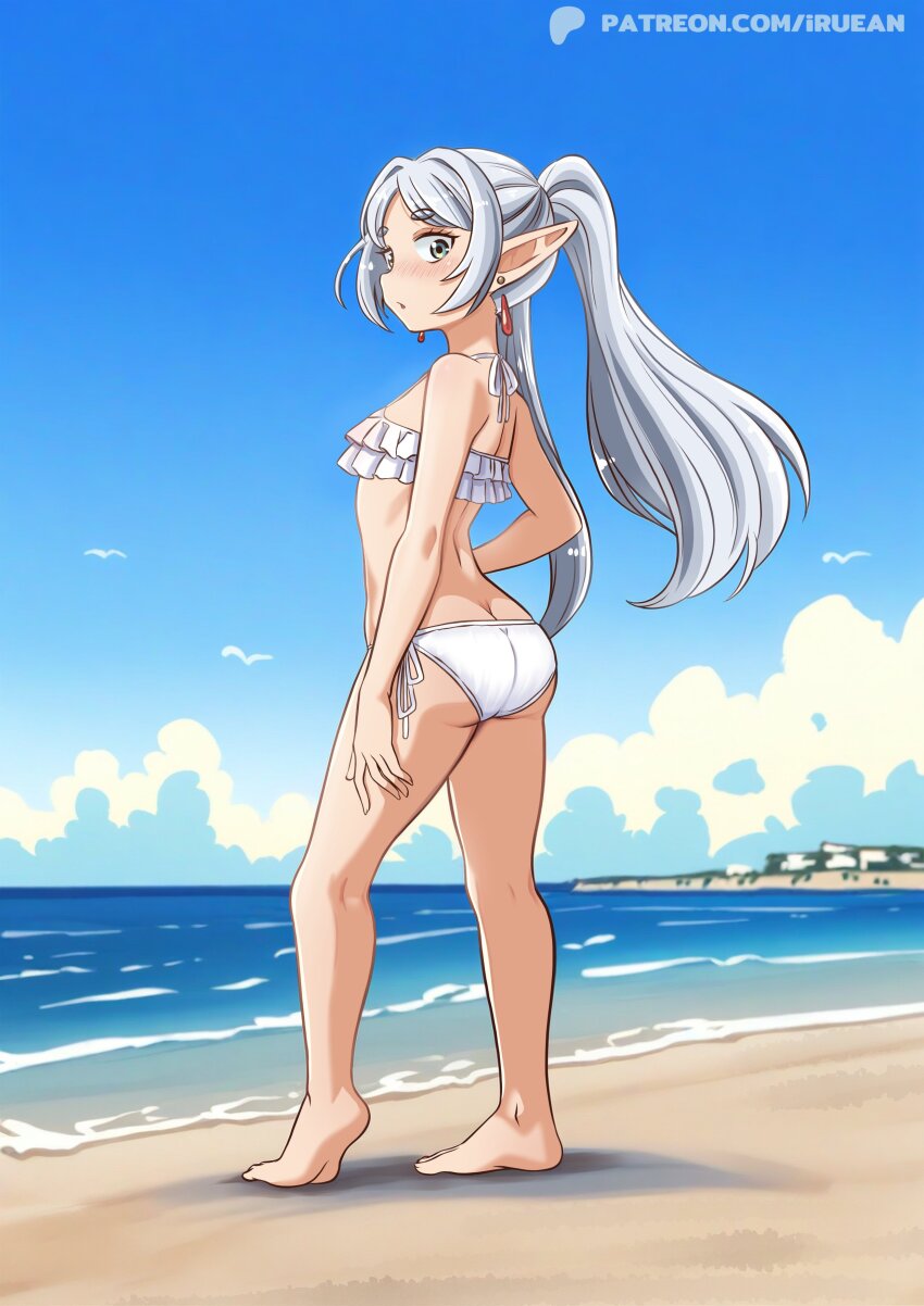 1girl absurdres arched_back ass bikini blue_sky butt_crack cloud commentary earrings english_commentary frieren frilled_bikini frills full_body green_eyes grey_hair highres i.ruean jewelry ocean petite pointy_ears side-tie_bikini_bottom simple_bird sky solo sousou_no_frieren swimsuit teardrop_earrings twintails watermark web_address white_bikini