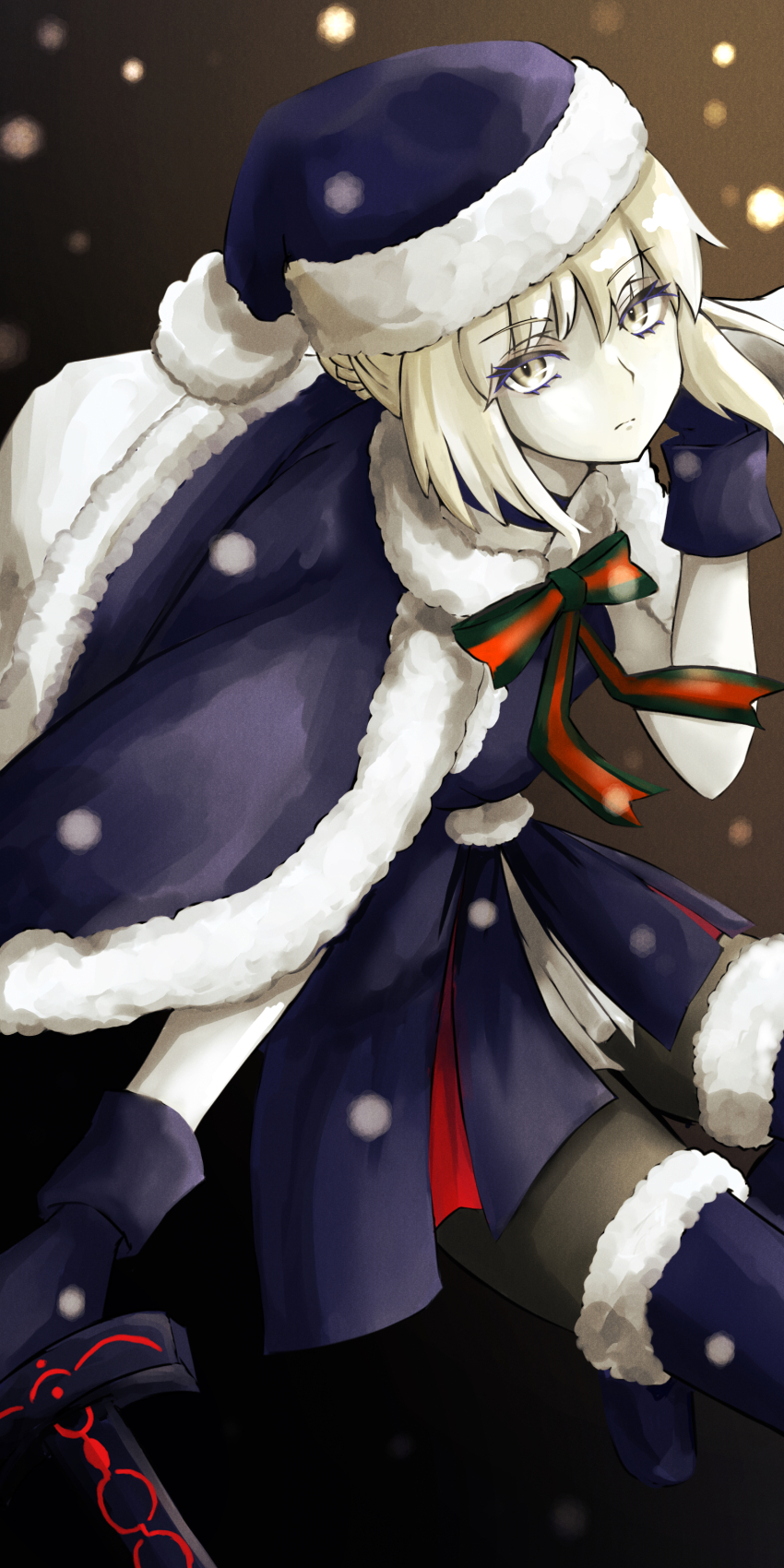 1girl absurdres artoria_pendragon_(fate) black_boots black_choker black_dress black_gloves black_hat black_pantyhose black_santa_costume blonde_hair boots bow capelet choker closed_mouth commentary_request dark_background dress fate/grand_order fate_(series) fur-trimmed_boots fur-trimmed_capelet fur-trimmed_dress fur-trimmed_headwear fur_trim gloves green_bow hair_between_eyes hat highres holding holding_sword holding_weapon looking_at_viewer medium_hair pantyhose pom_pom_(clothes) red_bow saber_alter santa_alter santa_costume santa_hat solo striped_bow sword thigh_boots tsukaasa weapon yellow_eyes