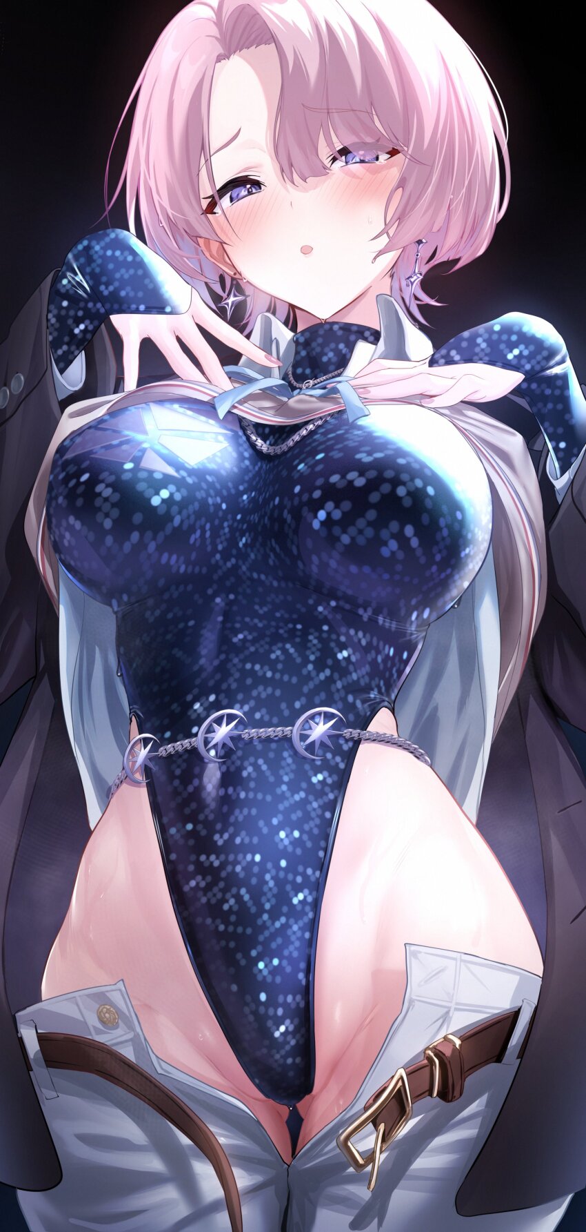 1girl absurdres arimura_mao belt black_background black_jacket blue_leotard blue_ribbon blue_sleeves blush breasts bridal_gauntlets brown_belt clothes_pull collared_shirt cowboy_shot earrings fingernails furrowed_brow gakuen_idolmaster gluteal_fold groin hands_on_own_chest highleg highleg_leotard highres idolmaster jacket jewelry large_breasts leotard long_sleeves looking_at_viewer medium_hair nail_polish neck_ribbon necklace open_clothes open_fly open_mouth open_shirt pants pants_pull parted_bangs pink_hair pink_lips pink_nails purple_eyes ribbon sequins shirt solo sweat tearing_up thigh_gap thighs ulrich_(tagaragakuin) white_pants white_shirt