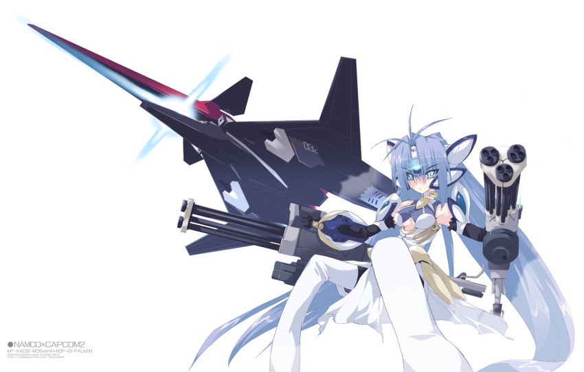 00s 1girl ace_combat adf-01_falken airborne_laser aircraft airplane android blue_eyes blue_hair blue_laser cannon crossover directed-energy_weapon energy energy_cannon energy_weapon female_focus fighter_jet forward-swept_wing gatling_gun glowing glowing_weapon gun hairan headgear highres kos-mos kos-mos_ver._4 laser laser_cannon laser_weapon matching_hair/eyes mecha military military_vehicle robot rotary_cannon solo tactical_laser_system weapon xenosaga xenosaga_episode_iii