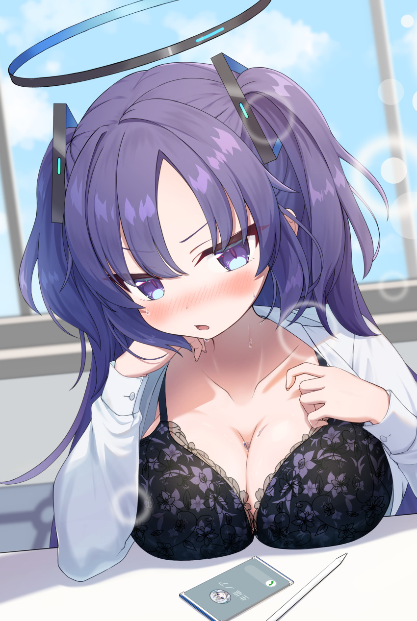 1girl absurdres black_bra black_halo blue_archive blue_eyes blue_sky blush bra breast_rest breasts cellphone cleavage cloud collarbone collared_shirt commentary_request day dress_shirt hair_ornament halo highres indoors large_breasts long_hair long_sleeves looking_at_viewer mechanical_halo open_clothes open_mouth open_shirt panda_90321 phone purple_hair shirt sidelocks sky smartphone solo stylus table two_side_up underwear white_shirt window yuuka_(blue_archive)