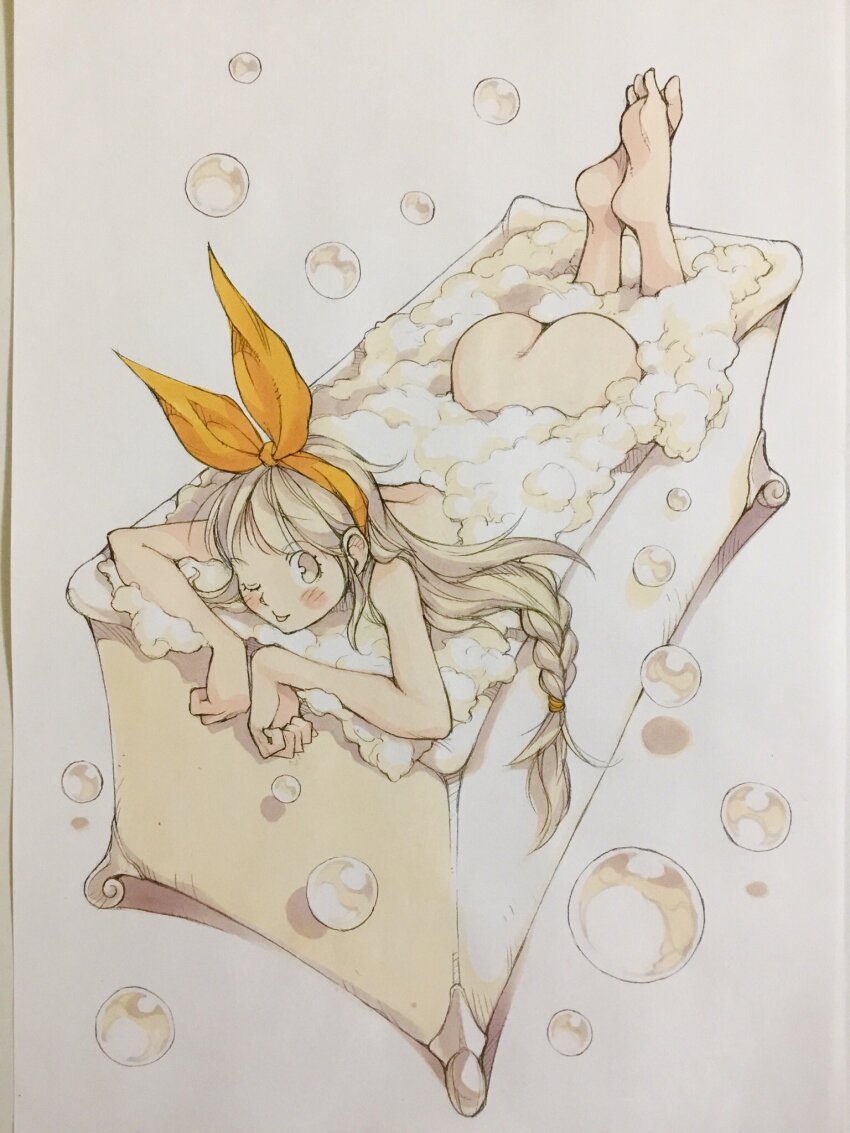 1girl ;p arm_rest ass bath bathing bathtub blonde_hair bow bow_hairband braid closed_mouth commentary feet feet_up hairband highres long_hair looking_at_viewer low-braided_long_hair low-tied_long_hair nude one_eye_closed orange_bow orange_hairband original peter_salt single_braid smile soap soap_bubbles solo tongue tongue_out traditional_media yellow_eyes