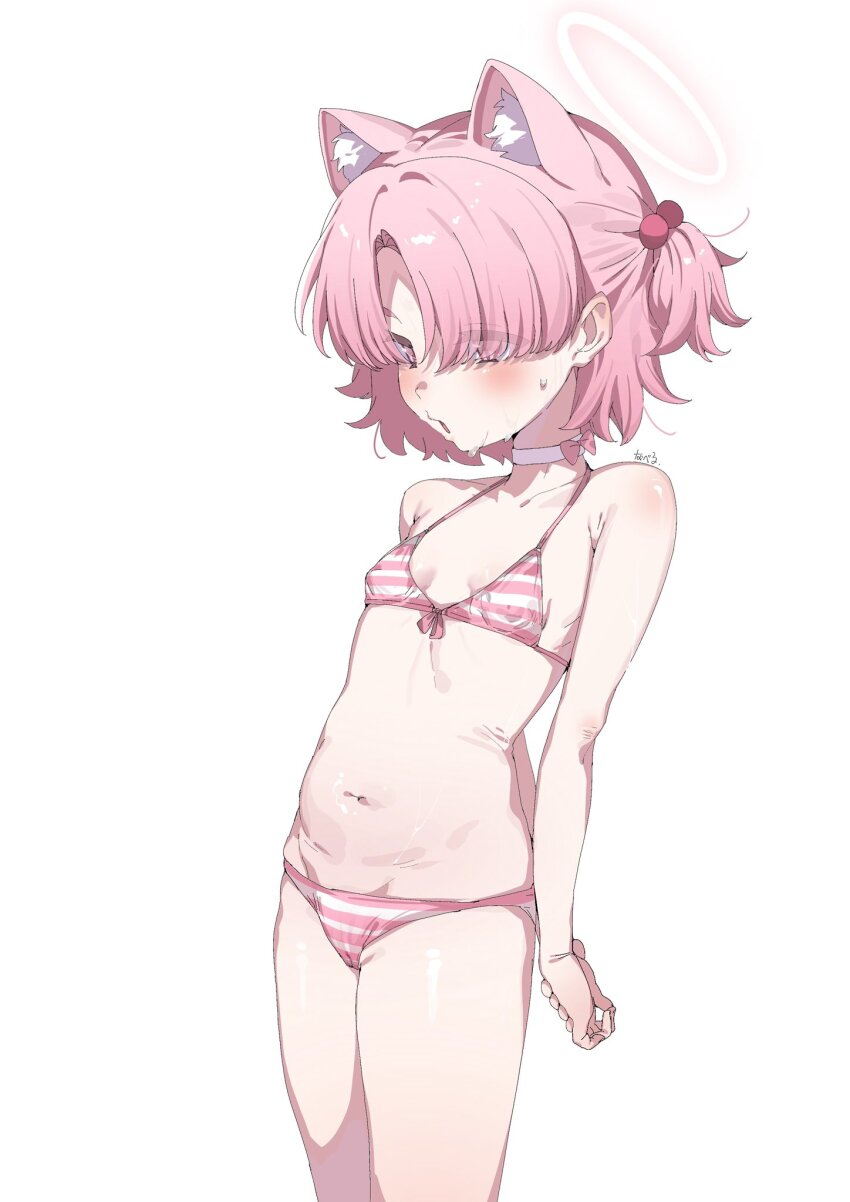 1girl animal_ear_fluff animal_ears arms_behind_back bare_arms bare_shoulders bikini blue_archive blush breasts cat_ears chlorella_observation_club_member_(blue_archive) cowboy_shot hair_bobbles hair_ornament hair_over_eyes halo highres loli parted_lips pink_bikini pink_eyes pink_hair simple_background small_breasts solo standing stomach striped_bikini striped_clothes swimsuit tail two_side_up white_background youguo_naberu
