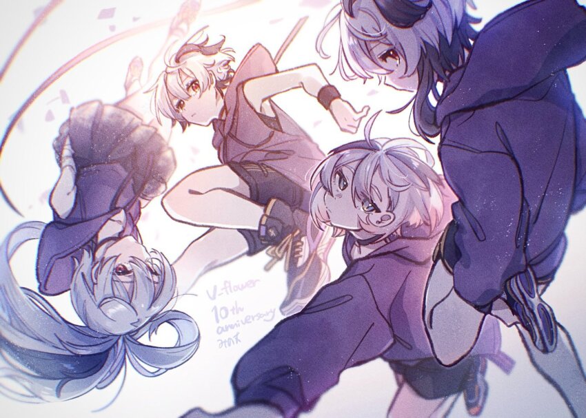 4girls ahoge alternate_costume androgynous bandaged_arm bandages black_hair blue_eyes ci_flower commentary flower_(gynoid_talk) flower_(vocaloid) flower_(vocaloid3) flower_(vocaloid4) happy_birthday high_ponytail hood hoodie jumping long_hair looking_at_viewer mi_no_take multicolored_hair multiple_girls one_(cevio) ponytail purple_hoodie red_eyes shoes short_hair short_hair_with_long_locks shorts simple_background skirt sneakers streaked_hair tomboy two-tone_hair upside-down vocaloid white_hair